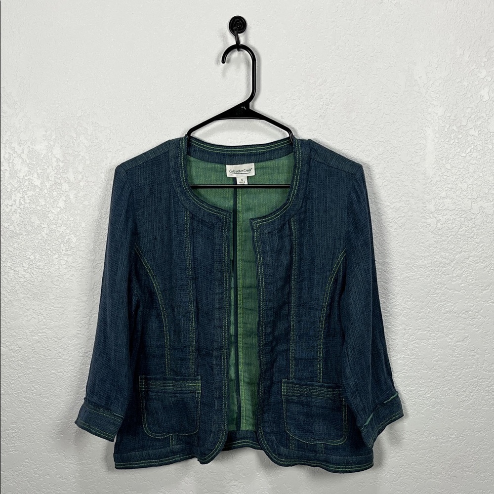 Coldwater Creek Women’s Linen Cotton Blind Jacket Blue Green Sz S Office Wear
